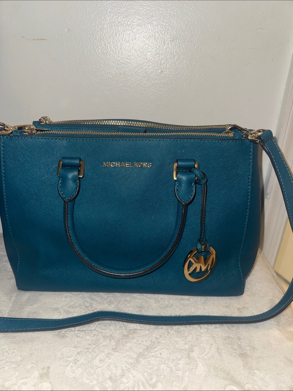 Michael Kors Teal Leather Satchel with Gold Charm